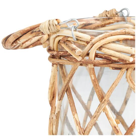 9" Clear Glass Handmade Candle Lantern with Brown Rattan Woven Exterior & Twisted Handle